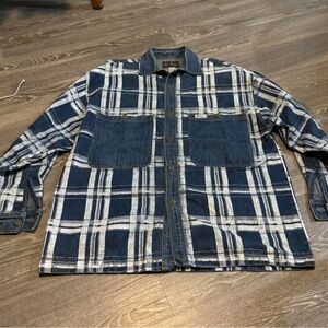 Vintage 90s Rococo White Plaid Denim Shirt Jacket Size L Streetwear Punk Grunge